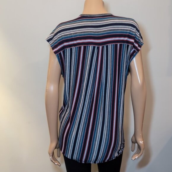 3/$20 MAX STUDIO Barcode Striped Top Tie Hem Blouse Vneck Buttoned Cap Sleeve - Picture 9 of 14
